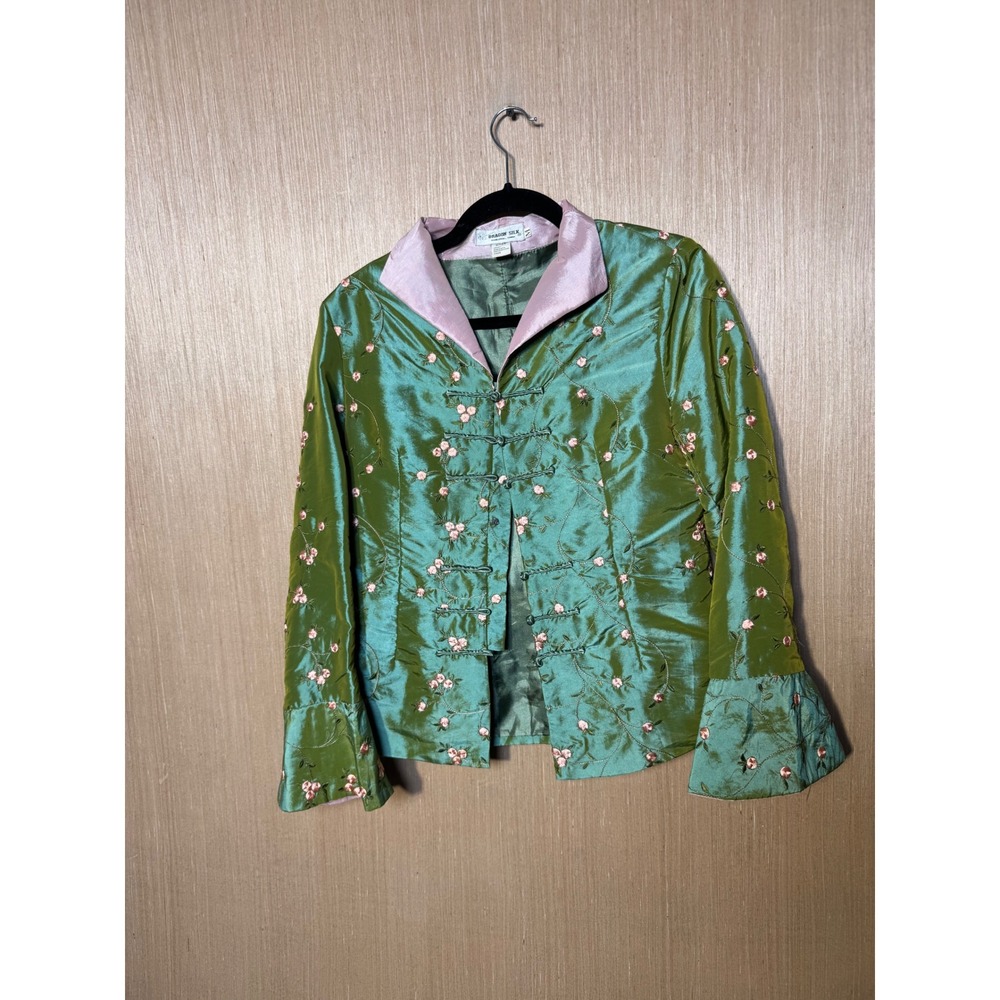 Dragon Silk Womens M Green Pink Floral Embroidered 100% Silk Mandarin Jacket